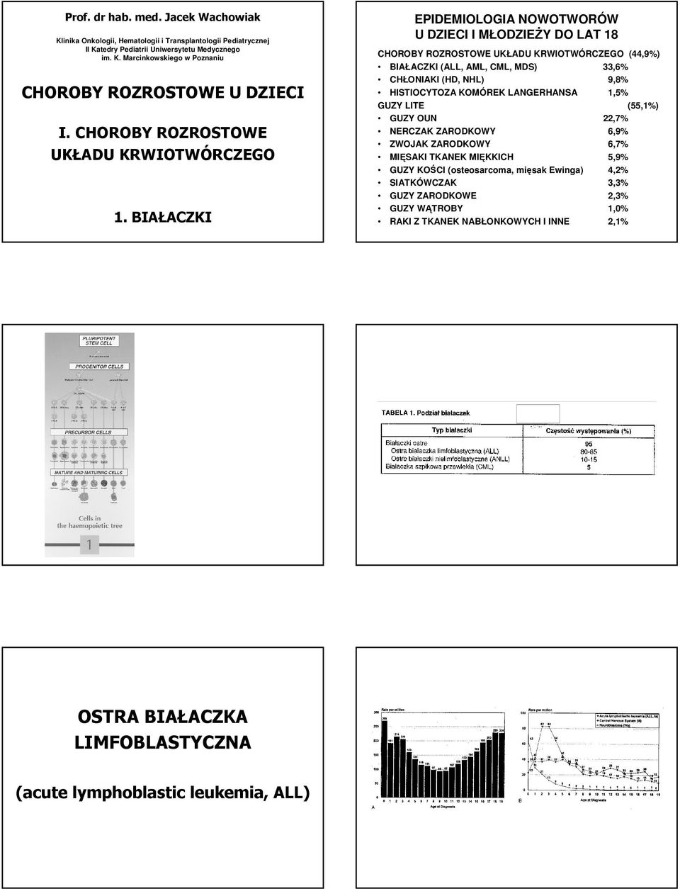BIAŁACZKI EPIDEMIOLOGIA NOWOTWORÓW U DZIECI I MŁODZIEśY DO LAT 18 CHOROBY ROZROSTOWE UKŁADU KRWIOTWÓRCZEGO (44,9%) BIAŁACZKI (ALL, AML, CML, MDS) 33,6% CHŁONIAKI (HD, NHL) 9,8% HISTIOCYTOZA