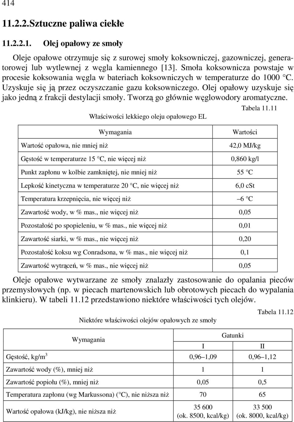 Olej opałowy uzyskuje się jako jedną z frakcji destylacji smoły. Tworzą go głównie węglowodory aromatyczne. Tabela 11.