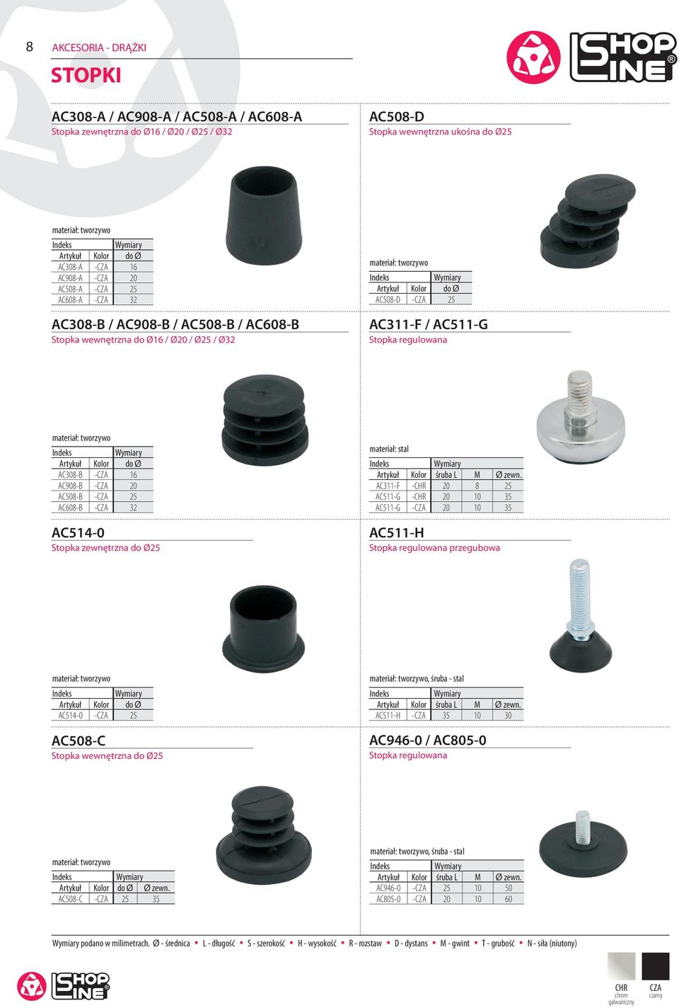 AC608-B -CZA 32 AC514-0 Stopka zewnętrzna do Ø25 Artykuł Kolor śruba L M Ø zewn.