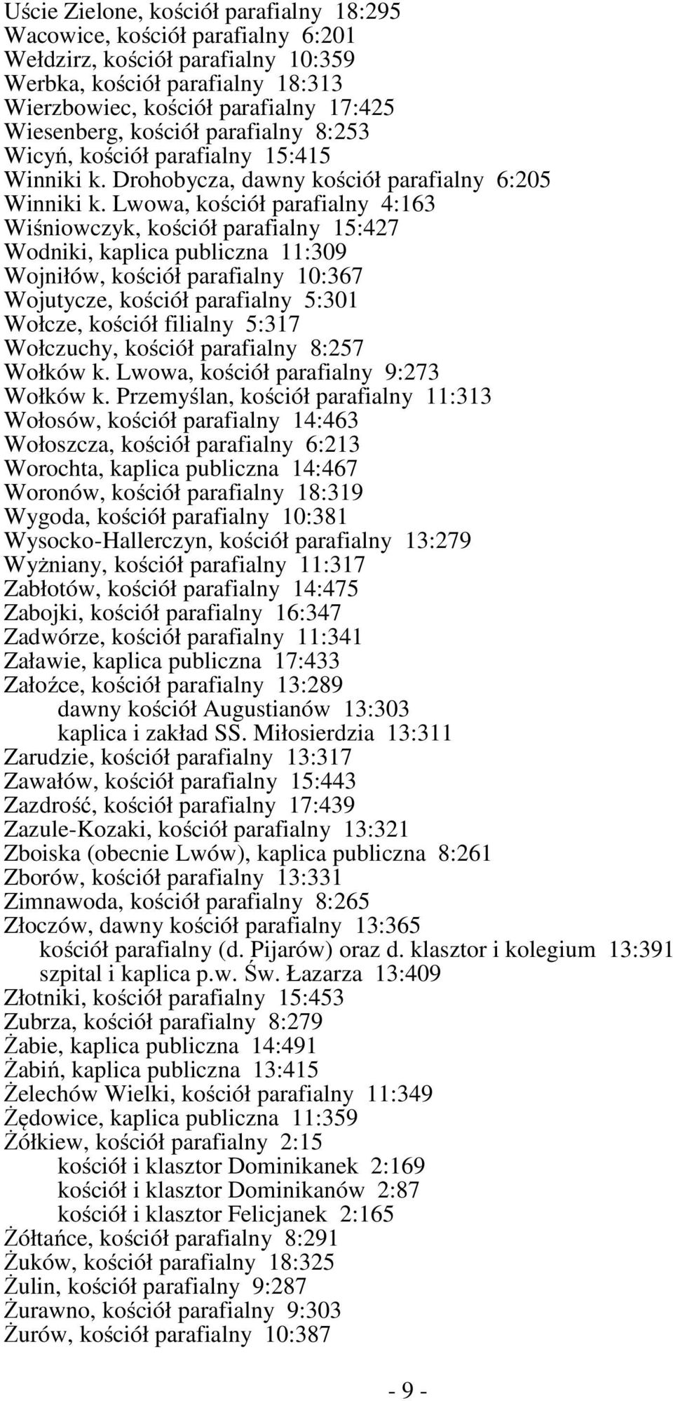 Lwowa, kościół parafialny 4:163 Wiśniowczyk, kościół parafialny 15:427 Wodniki, kaplica publiczna 11:309 Wojniłów, kościół parafialny 10:367 Wojutycze, kościół parafialny 5:301 Wołcze, kościół