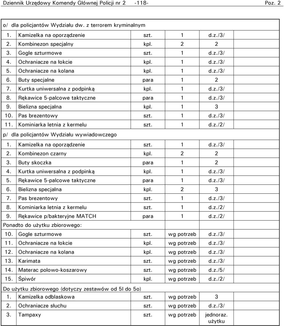 Rękawice 5-palcowe taktyczne para 1 d.z./3/ 9. Bielizna specjalna kpl. 1 3 10. Pas brezentowy szt. 1 d.z./3/ 11. Kominiarka letnia z kermelu szt. 1 d.z./2/ p/ dla policjantów Wydziału wywiadowczego 1.