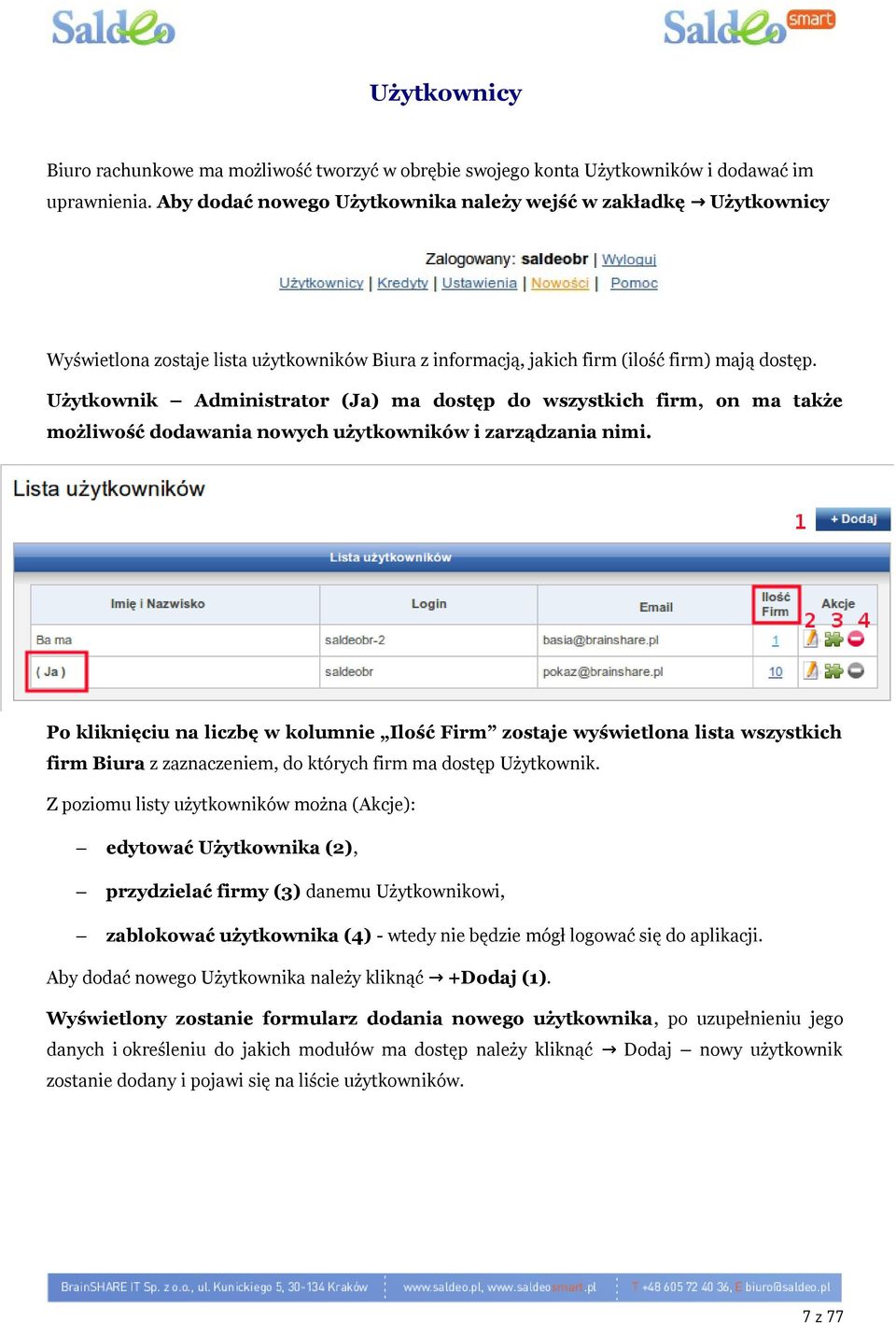 Użytkownik Administrator (Ja) ma dostęp do wszystkich firm, on ma także możliwość dodawania nowych użytkowników i zarządzania nimi.