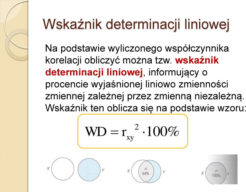 wskaźnik determinacji liniowej, informujący o procencie wyjaśnionej