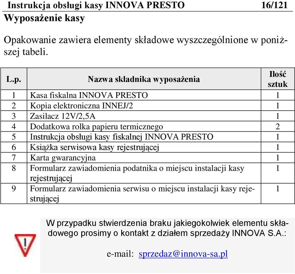 kowanie zawiera elementy składowe wyszczególnione w po