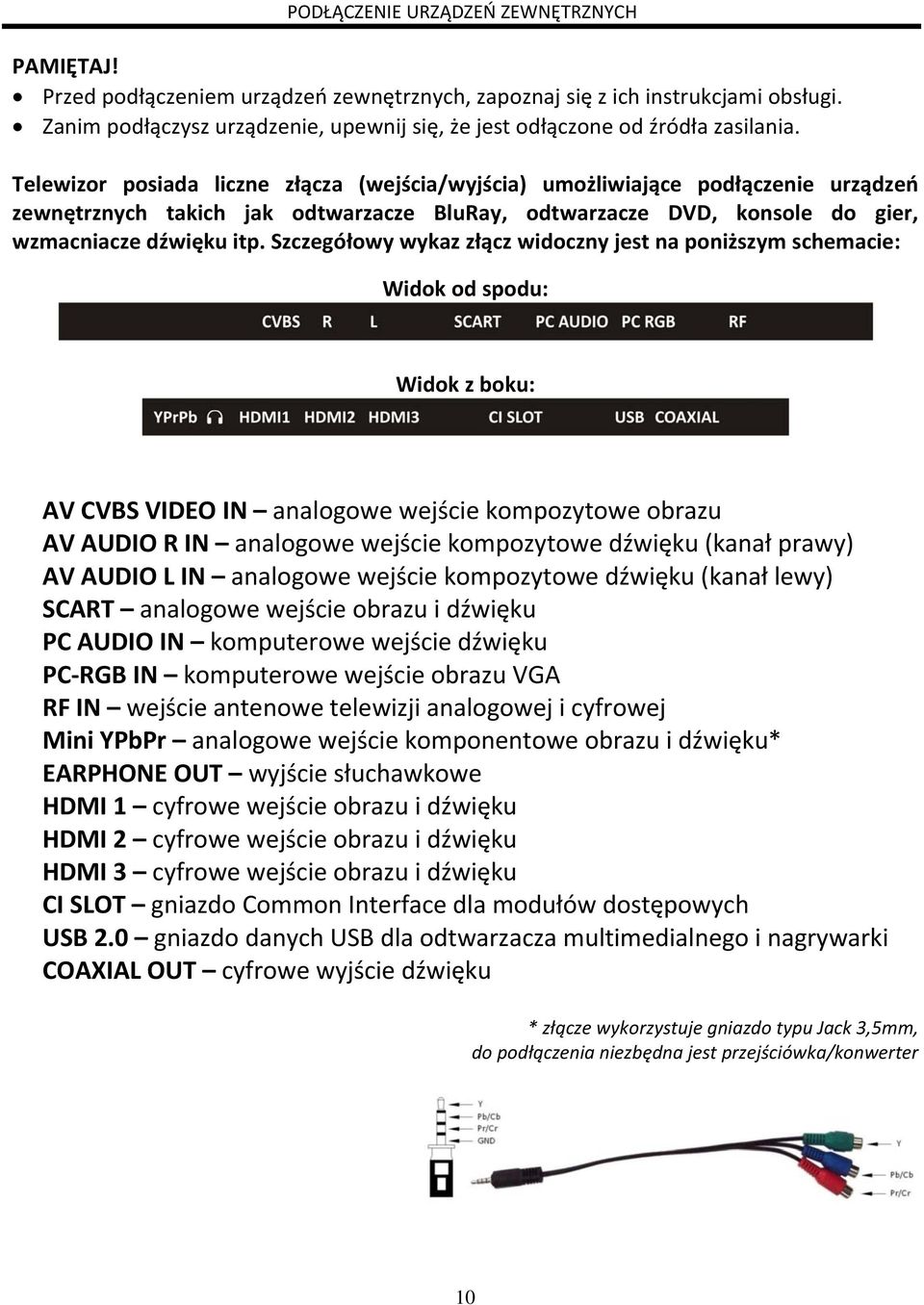 Telewizor posiada liczne złącza (wejścia/wyjścia) umożliwiające podłączenie urządzeń zewnętrznych takich jak odtwarzacze BluRay, odtwarzacze DVD, konsole do gier, wzmacniacze dźwięku itp.