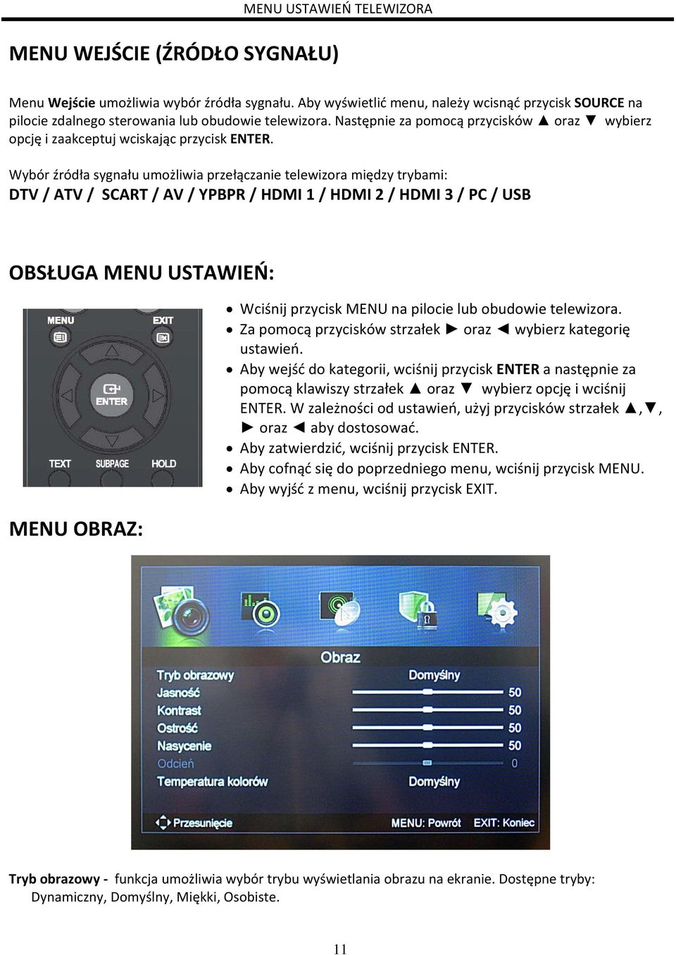 Wybór źródła sygnału umożliwia przełączanie telewizora między trybami: DTV / ATV / SCART / AV / YPBPR / HDMI 1 / HDMI 2 / HDMI 3 / PC / USB OBSŁUGA MENU USTAWIEŃ: MENU OBRAZ: Wciśnij przycisk MENU na