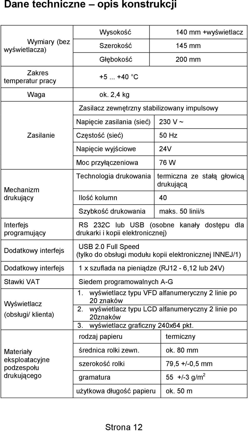 Mechanizm drukujący Technologia drukowania termiczna ze stałą głowicą drukującą Ilość kolumn 40 Szybkość drukowania maks.