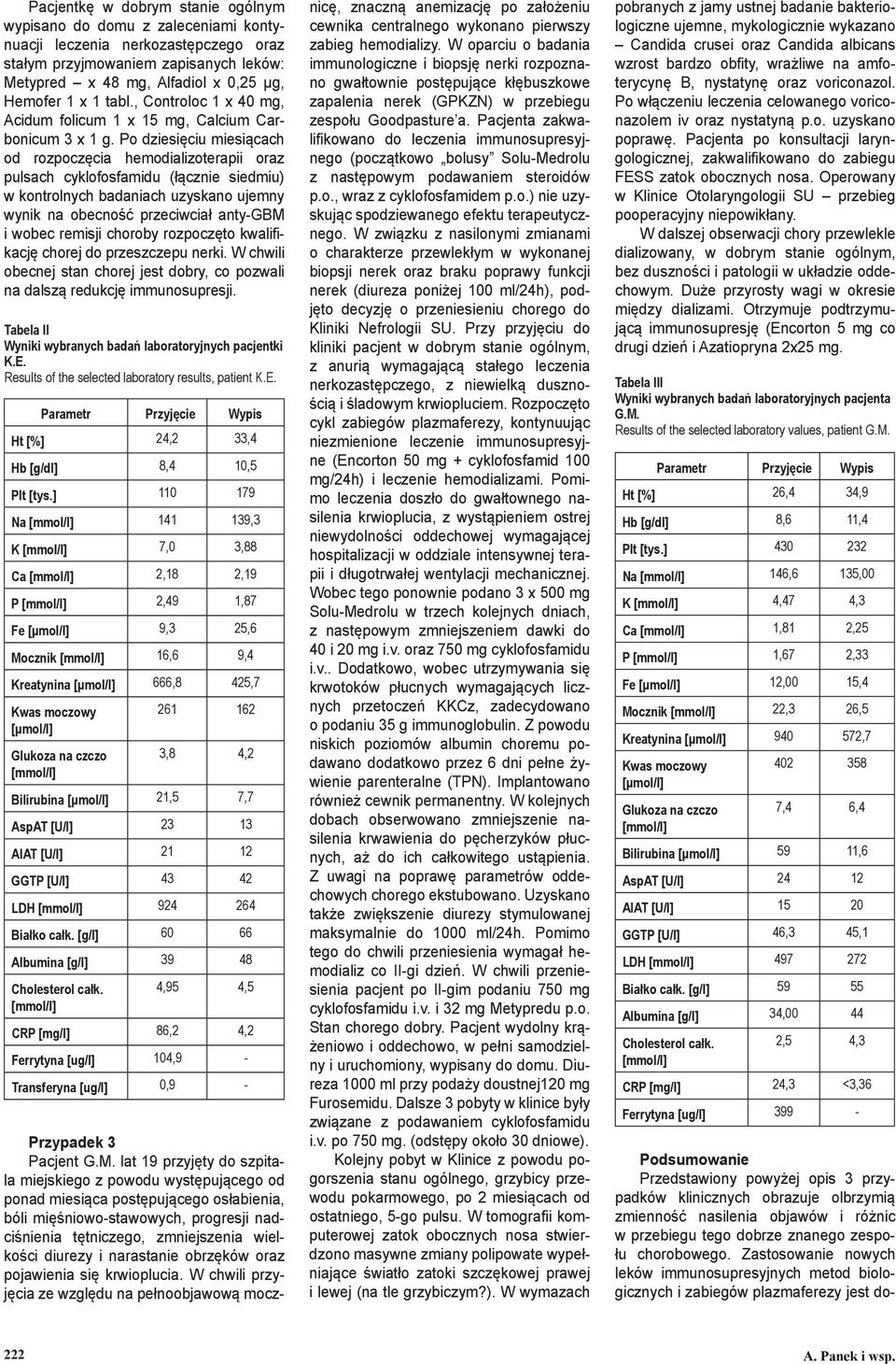 Po dziesięciu miesiącach od rozpoczęcia hemodializoterapii oraz pulsach cyklofosfamidu (łącznie siedmiu) w kontrolnych badaniach uzyskano ujemny wynik na obecność przeciwciał anty-gbm i wobec remisji