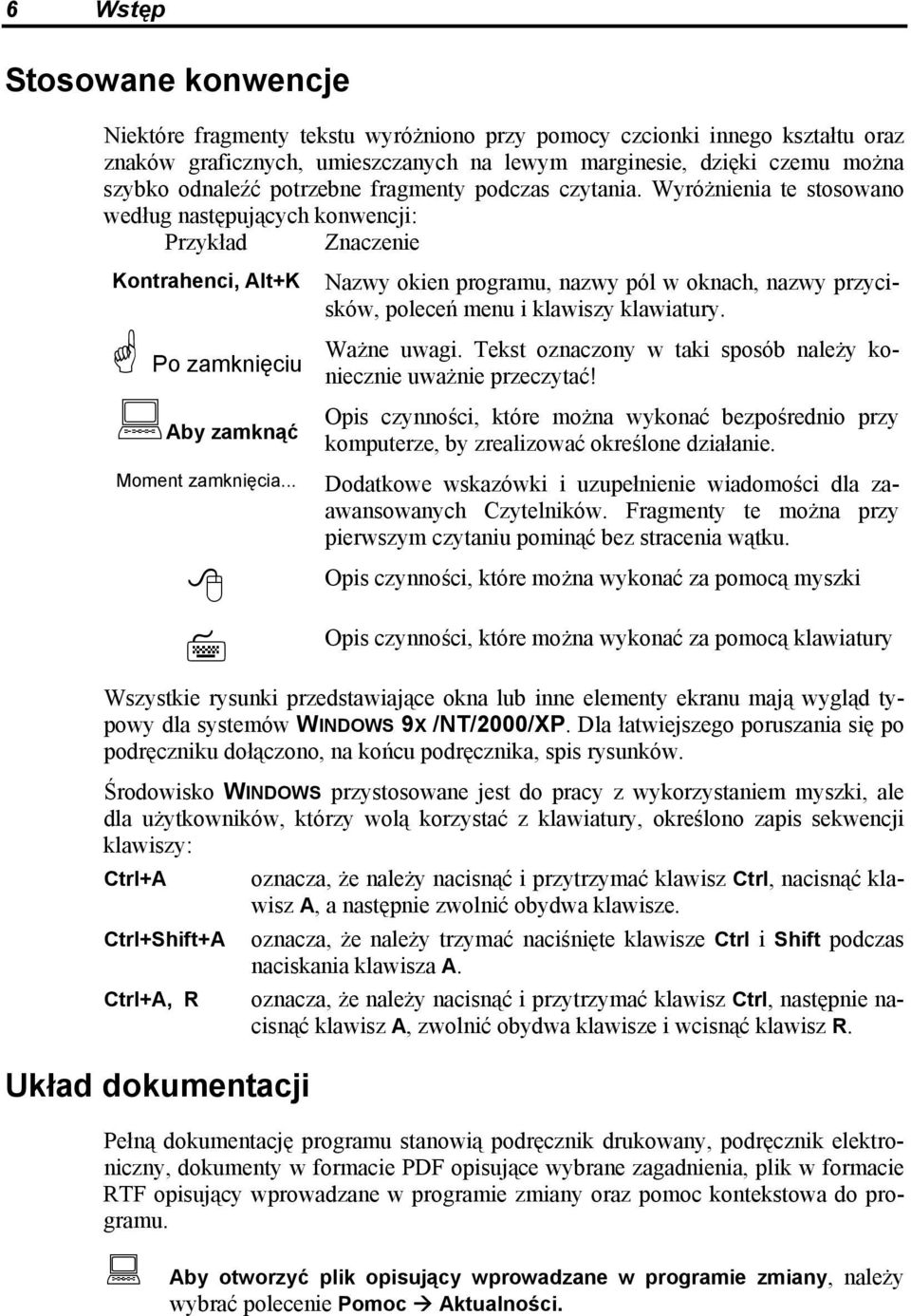 Wyróżnienia te stosowano według następujących konwencji: Przykład Znaczenie Kontrahenci, Alt+K Po zamknięciu Nazwy okien programu, nazwy pól w oknach, nazwy przycisków, poleceń menu i klawiszy