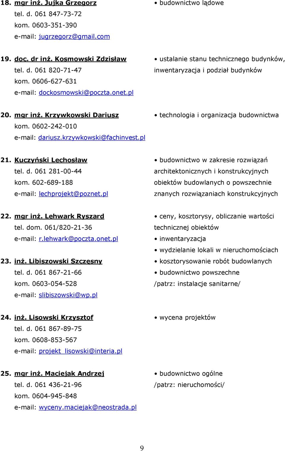 krzywkowski@fachinvest.pl technologia i organizacja budownictwa 21. Kuczyński Lechosław tel. d. 061 281-00-44 kom. 602-689-188 e-mail: lechprojekt@poznet.
