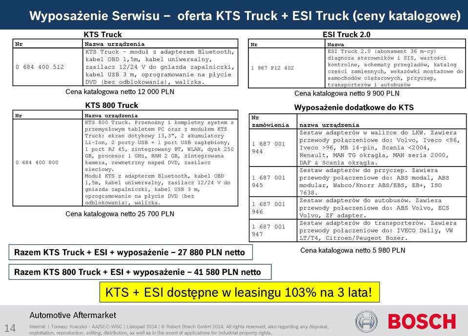 Cena katalogowa netto 12 000 PLN KTS 800 Truck Nazwa urządzenia KTS 800 Truck.