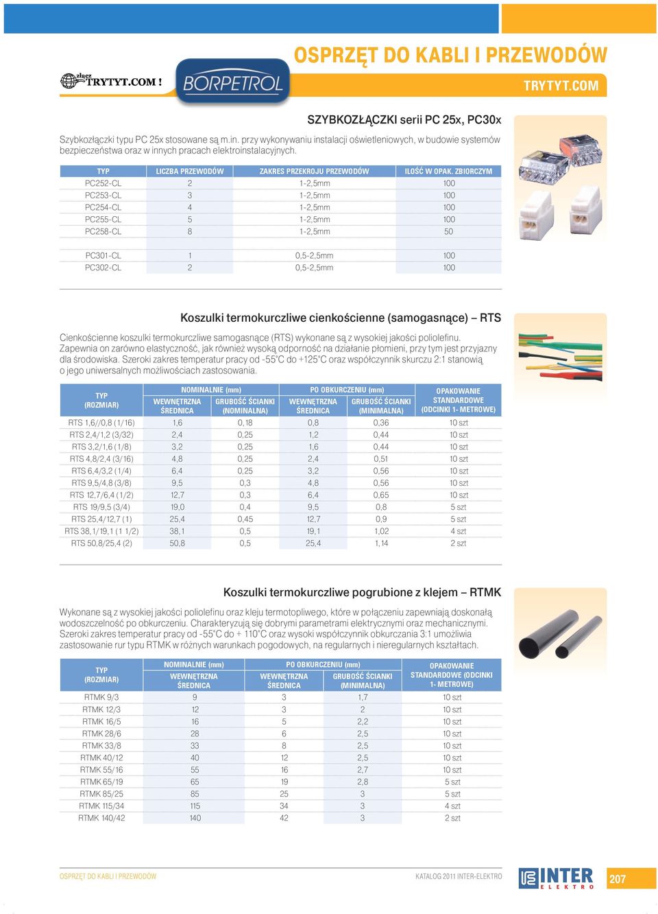 ZBIORCZYM PC252-CL 2 1-2,5mm 100 PC253-CL 3 1-2,5mm 100 PC254-CL 4 1-2,5mm 100 PC255-CL 5 1-2,5mm 100 PC258-CL 8 1-2,5mm 50 PC301-CL 1 0,5-2,5mm 100 PC302-CL 2 0,5-2,5mm 100 Koszulki termokurczliwe