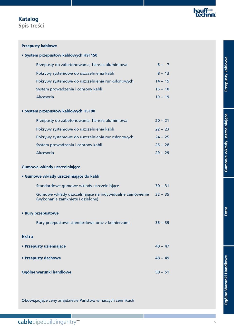 25 System prowadzenia i ochrony kabli 26 28 Akcesoria 29 29 Rury przepustowe Rury przepustowe standardowe oraz z kołnierzami 30 31 32 35 Extra Gumowe wkłady uszczelniające Gumowe wkłady