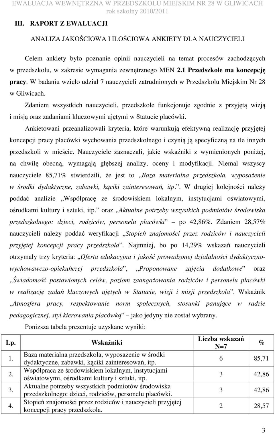 Zdam wszystkich nauczycieli, przedszkole funkcjonuje zgod z przyjętą wizją i misją oraz zadaniami kluczowymi ujętymi w Statucie placówki.