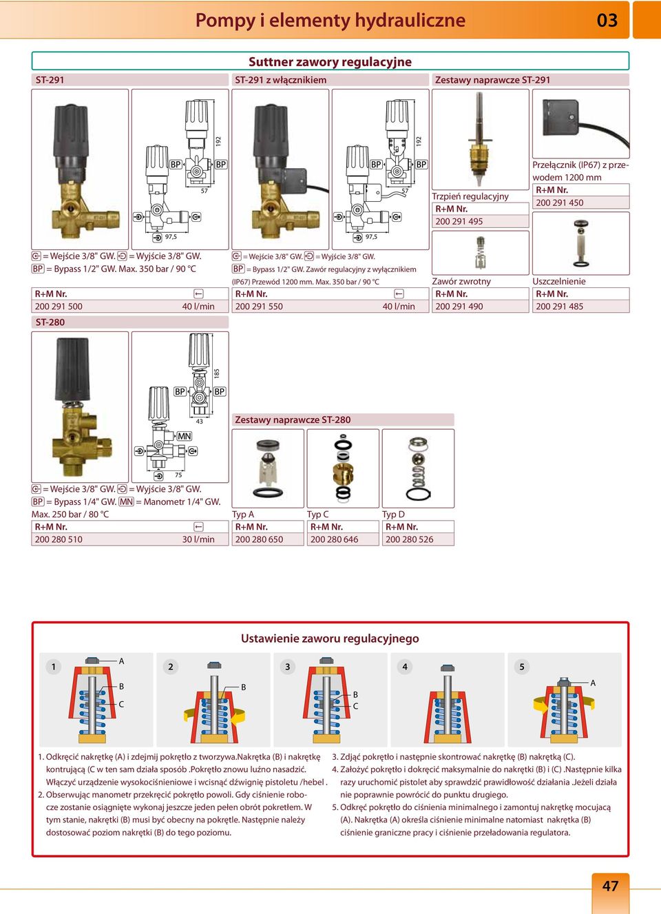 Max. 350 bar / 90 C 200 291 550 40 l/min Zawór zwrotny 200 291 490 Uszczelnienie 200 291 485 43 ST-280 75 = Wejście 3/8" GW. = Wyjście 3/8" GW. = Bypass 1/4" GW. = Manometr 1/4" GW. Max.