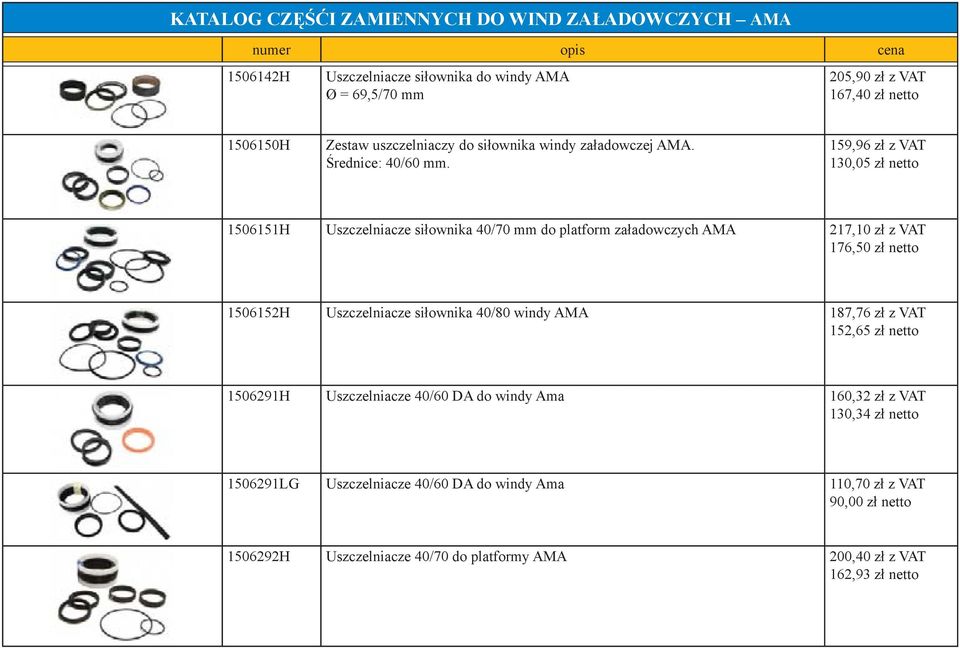 159,96 zł z VAT 130,05 zł netto 1506151H Uszczelniacze siłownika 40/70 mm do platform załadowczych AMA 217,10 zł z VAT 176,50 zł netto 1506152H