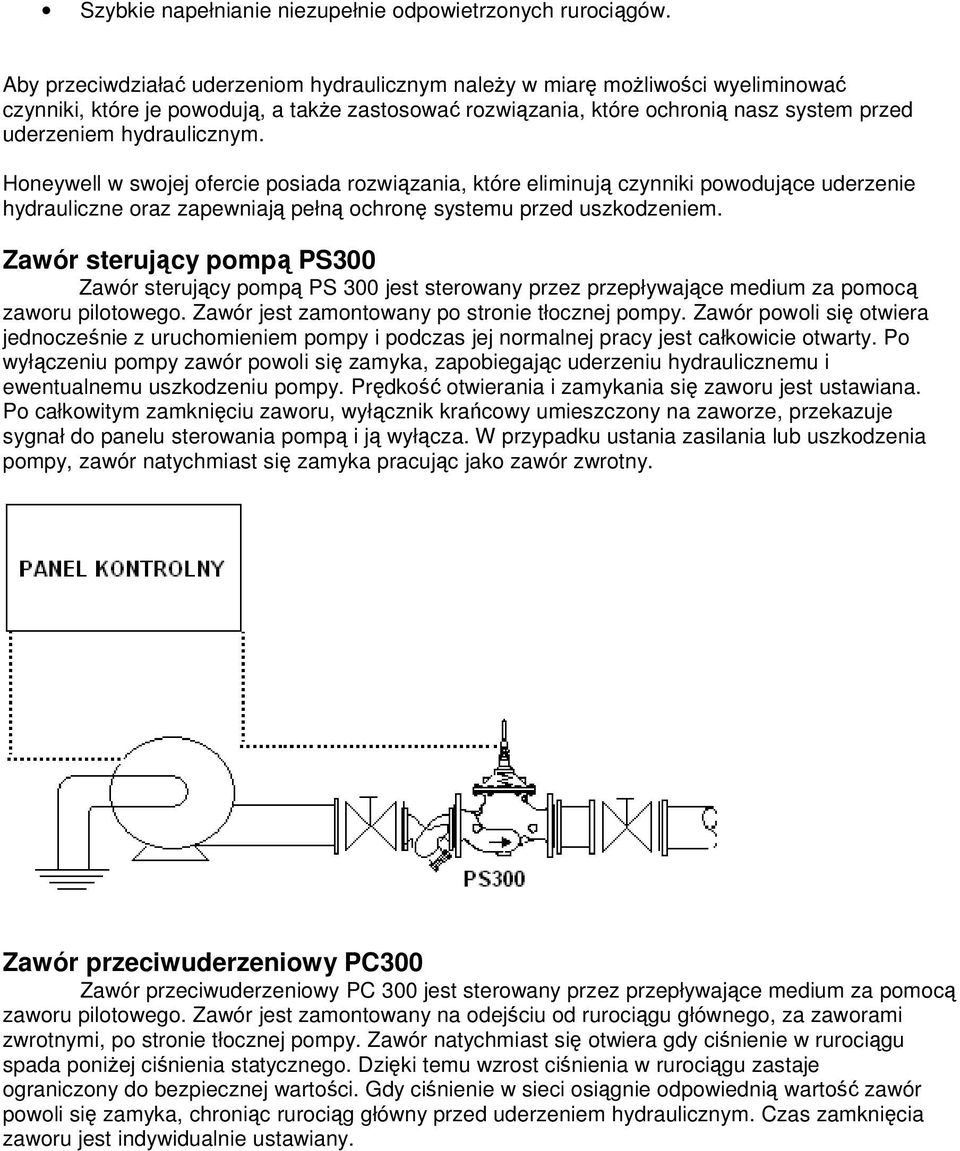hydraulicznym. Honeywell w swojej ofercie posiada rozwiązania, które eliminują czynniki powodujące uderzenie hydrauliczne oraz zapewniają pełną ochronę systemu przed uszkodzeniem.
