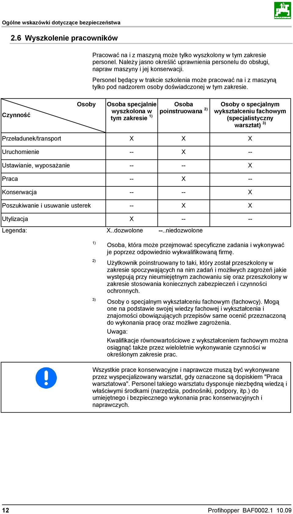 Personel będący w trakcie szkolenia może pracować na i z maszyną tylko pod nadzorem osoby doświadczonej w tym zakresie.
