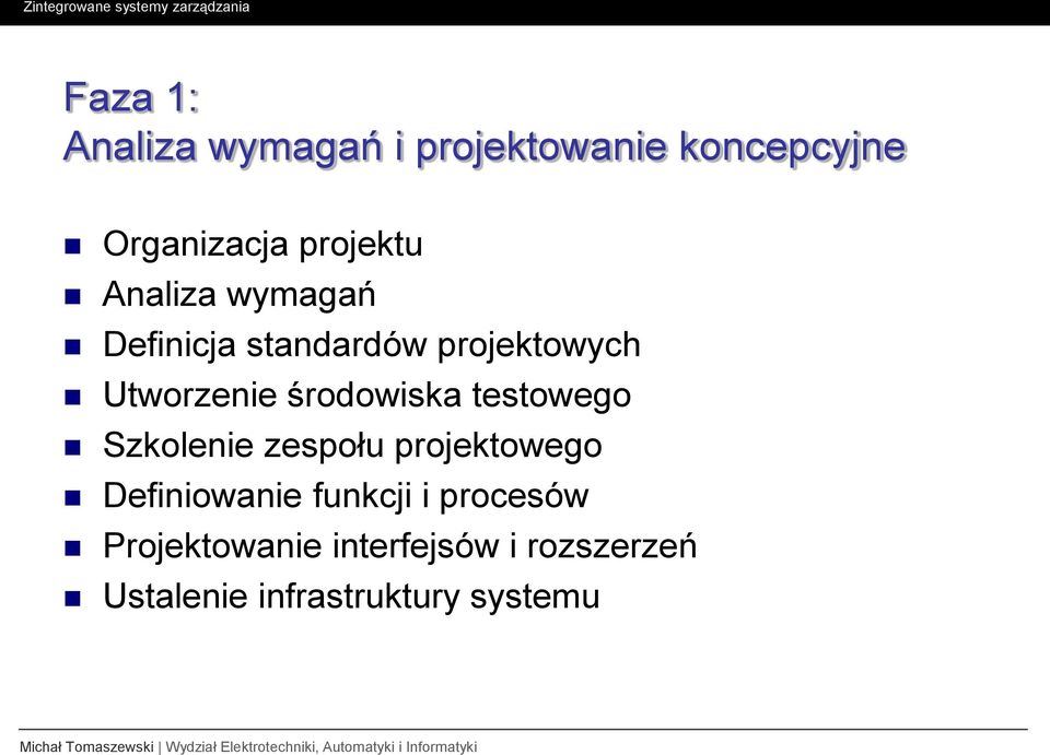 testowego Szkolenie zespołu projektowego Definiowanie funkcji i procesów