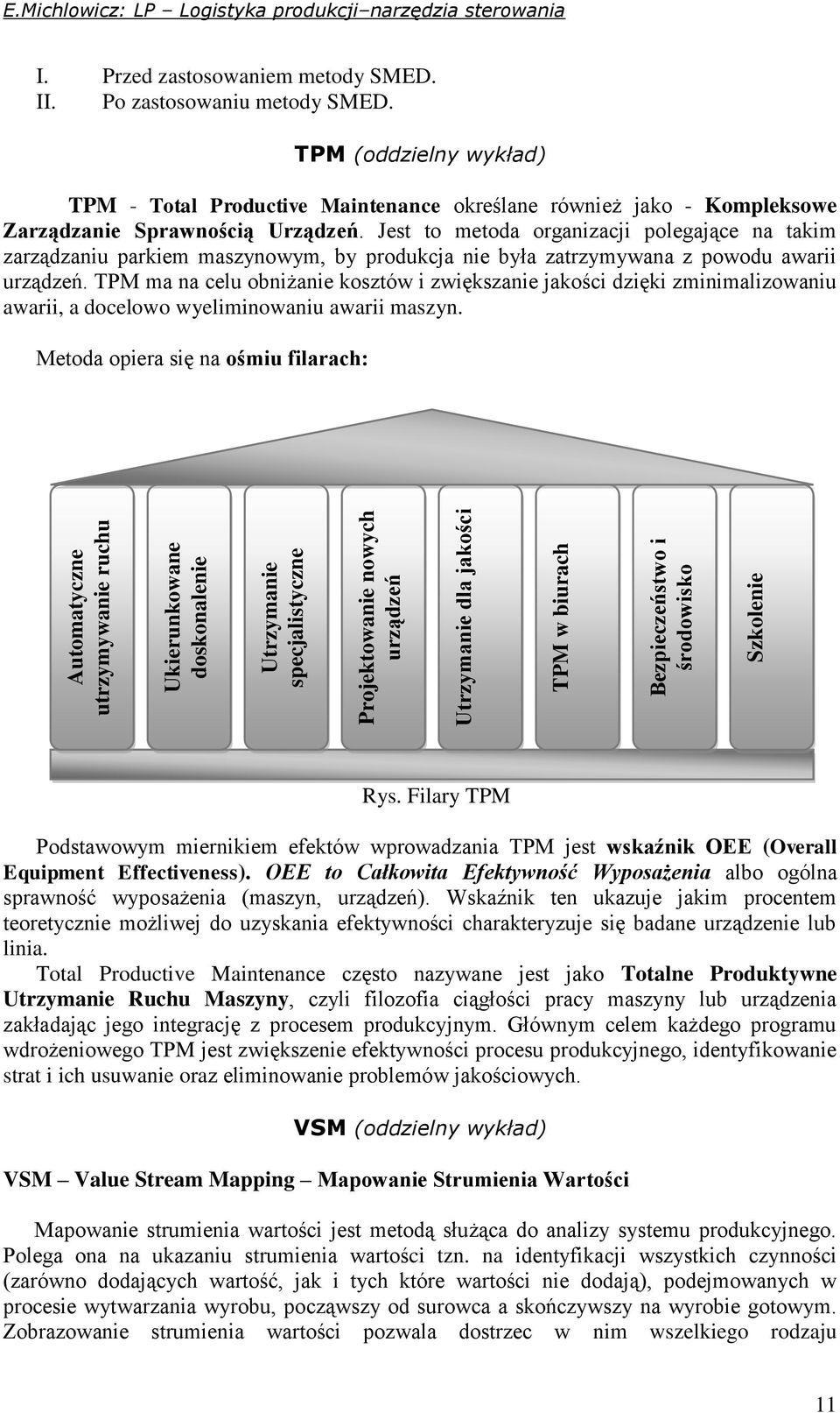 TPM (oddzielny wykład) TPM - Total Productive Maintenance określane również jako - Kompleksowe Zarządzanie Sprawnością Urządzeń.