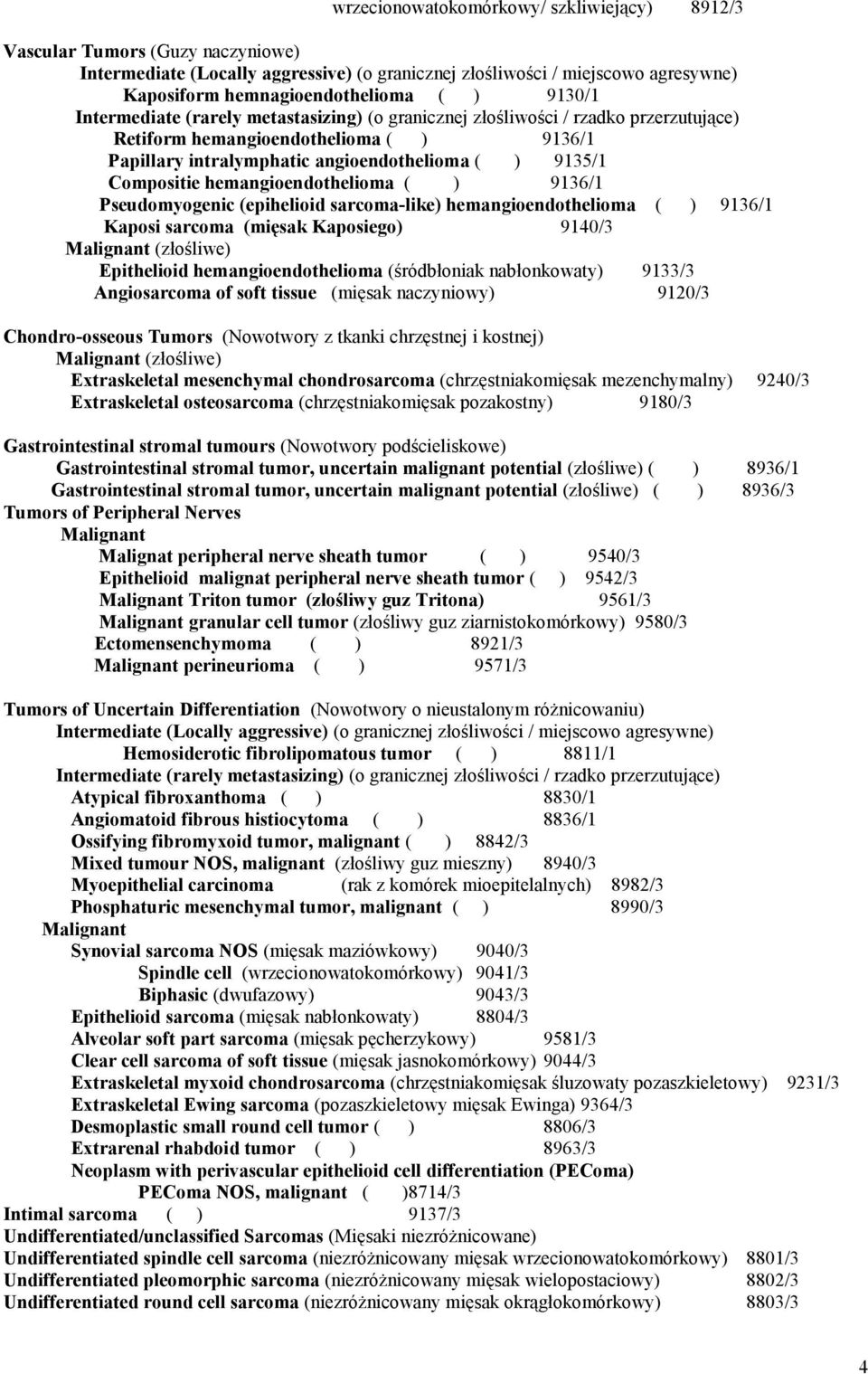 hemangioendothelioma ( ) 9136/1 Pseudomyogenic (epihelioid sarcoma-like) hemangioendothelioma ( ) 9136/1 Kaposi sarcoma (mięsak Kaposiego) 9140/3 Epithelioid hemangioendothelioma (śródbłoniak