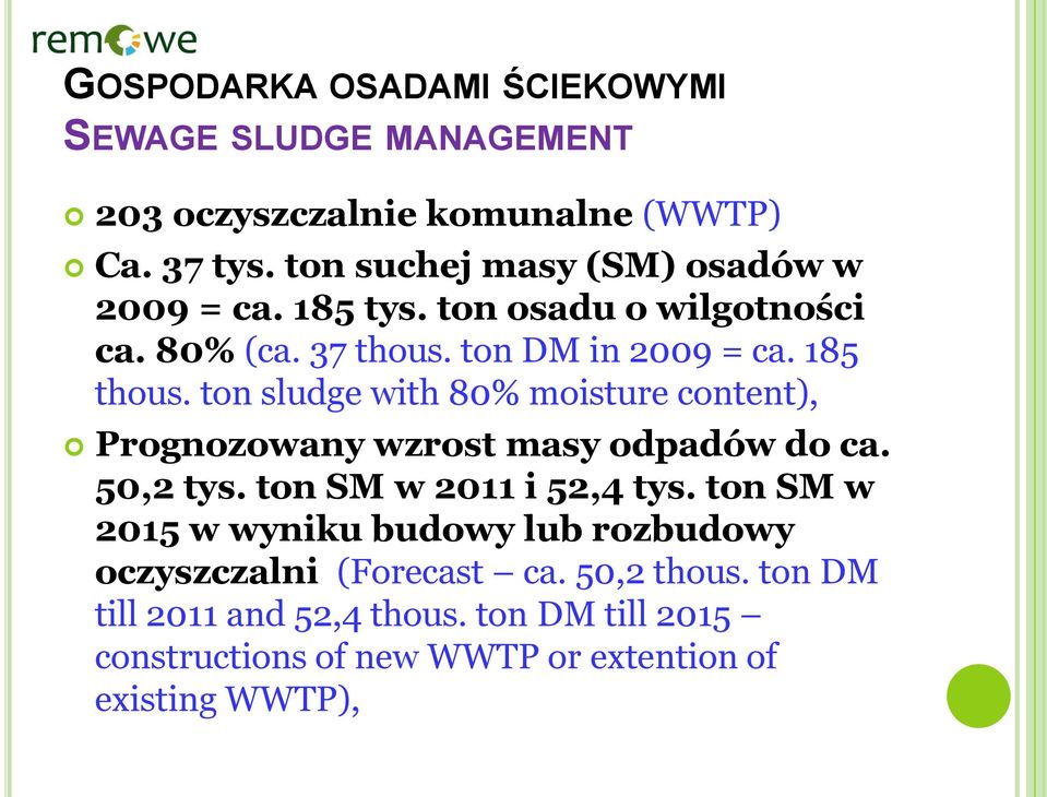 ton sludge with 80% moisture content), Prognozowany wzrost masy odpadów do ca. 50,2 tys. ton SM w 2011 i 52,4 tys.