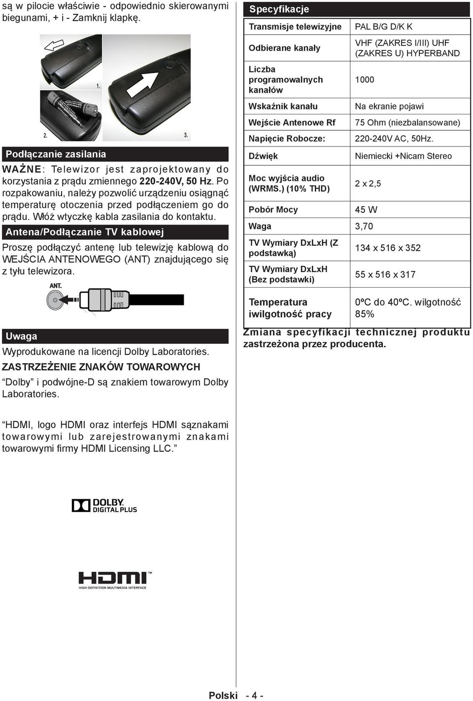 Antena/Podłączanie TV kablowej Proszę podłączyć antenę lub telewizję kablową do WEJŚCIA ANTENOWEGO (ANT) znajdującego się z tyłu telewizora. Uwaga Wyprodukowane na licencji Dolby Laboratories.