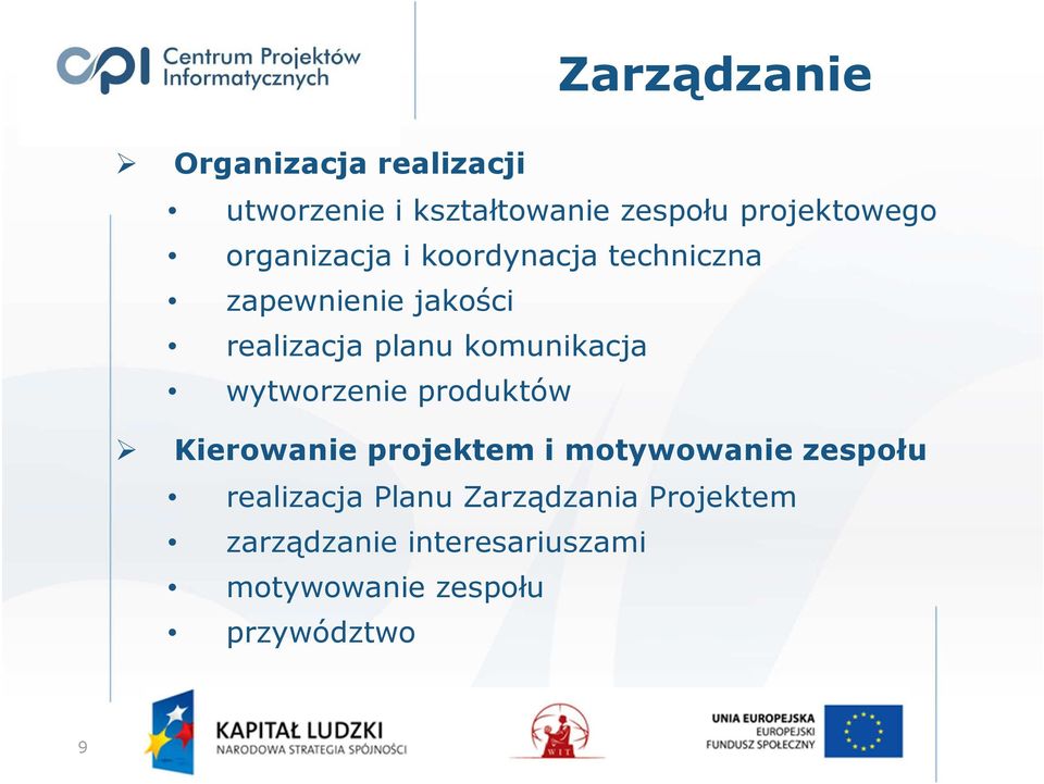 komunikacja wytworzenie produktów Kierowanie projektem i motywowanie zespołu