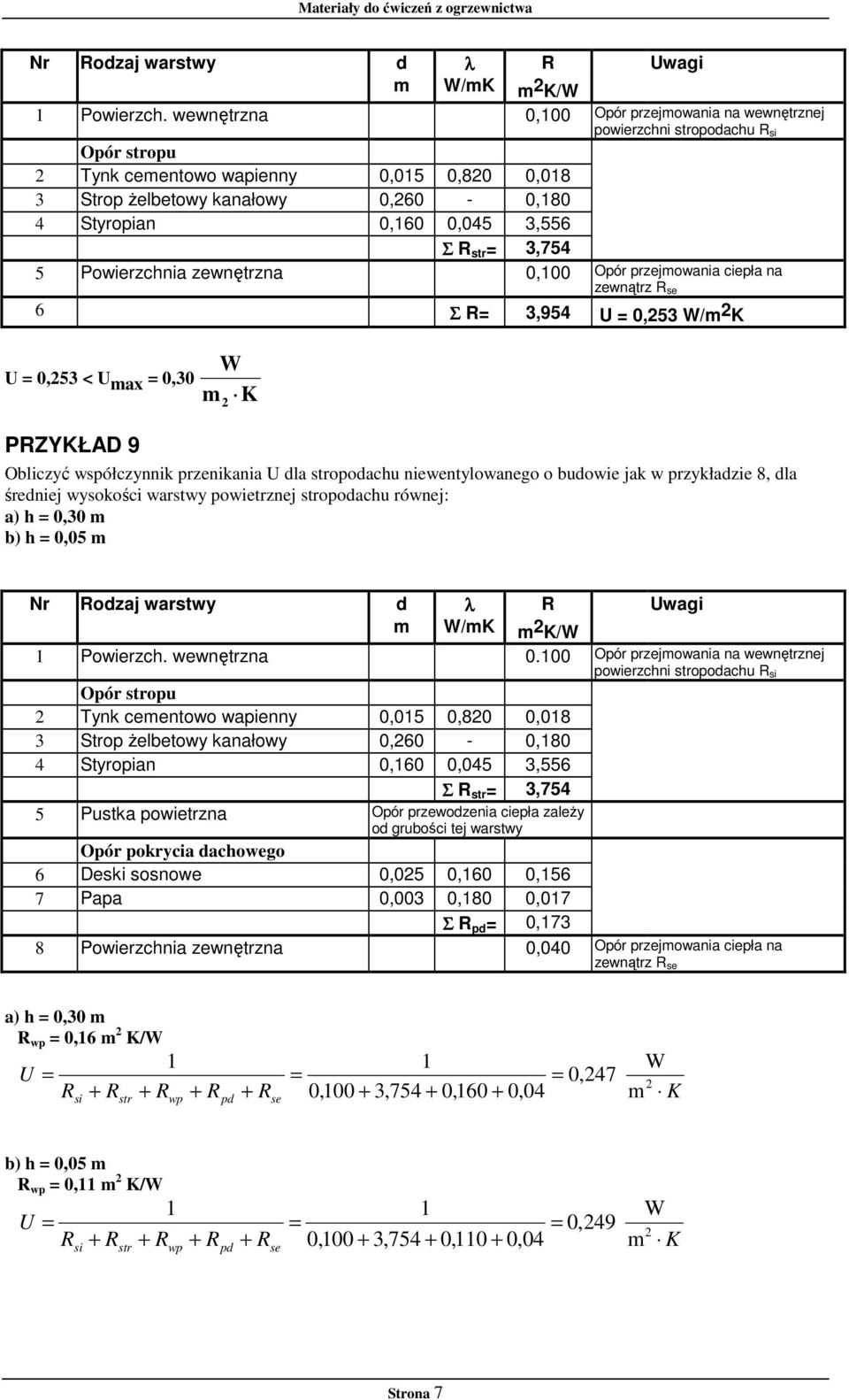 3,754 5 Powierzchnia zewnętrzna 0,00 Opór przejmowania ciepła na zewnątrz R se 6 Σ R= 3,954 = 0,53 /m K = 0,53 < max = 0,30 m K PRZYKŁAD 9 Obliczyć współczynnik przenikania dla stropodachu