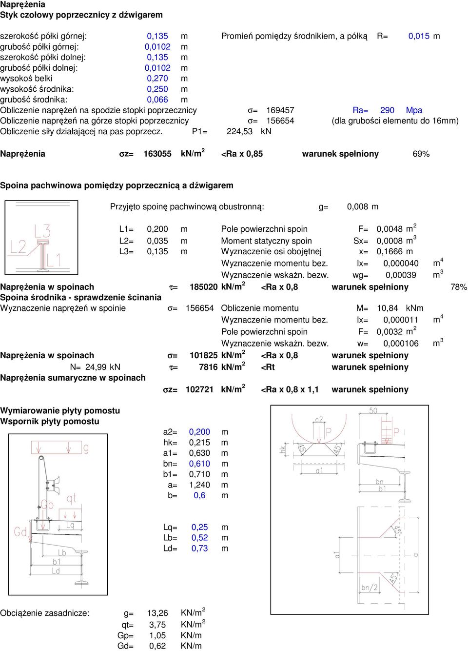 stopki poprzecznicy σ= 156654 (dla grubości elementu do 16mm) Obliczenie siły działającej na pas poprzecz.