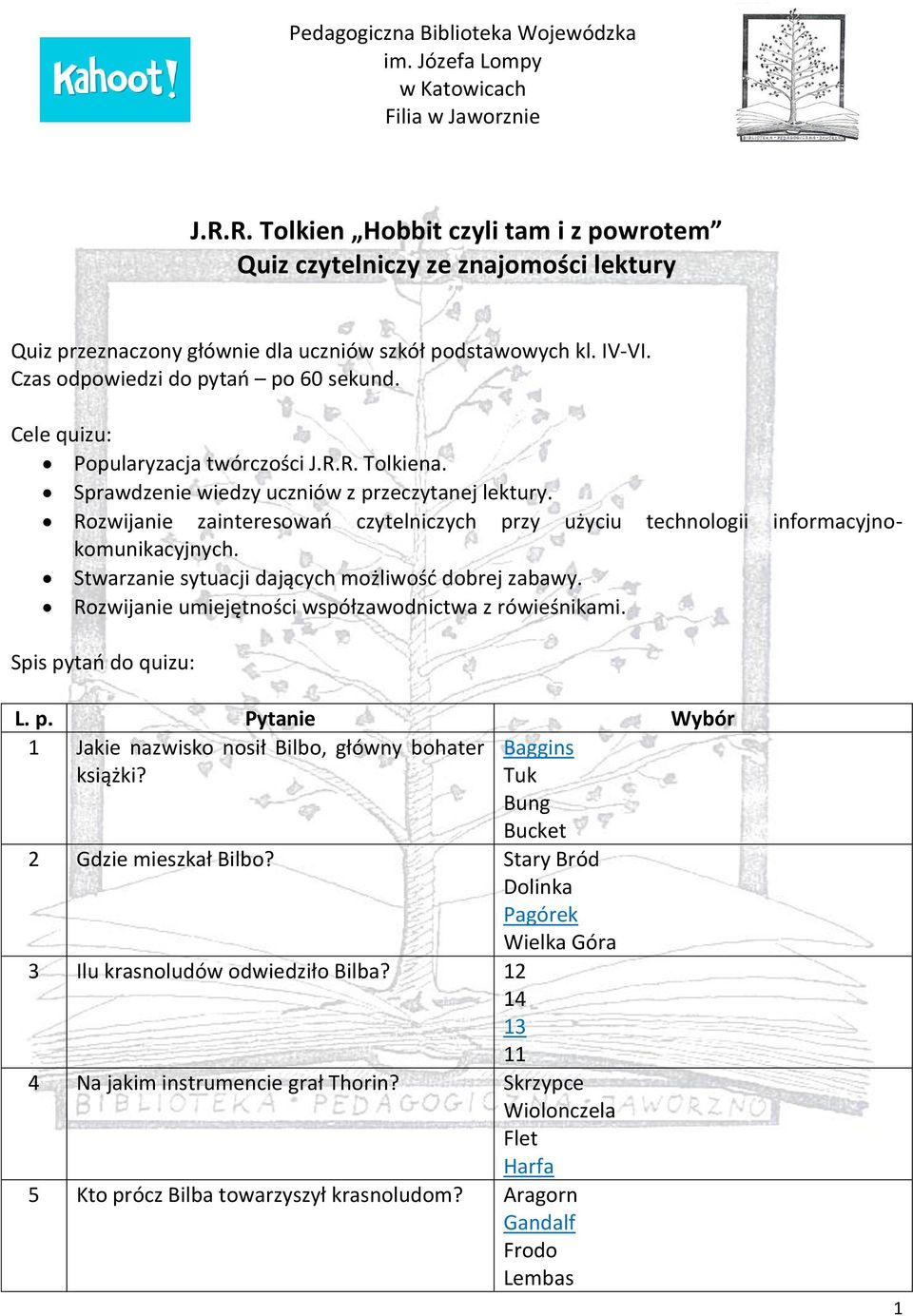 Cele quizu: Popularyzacja twórczości J.R.R. Tolkiena. Sprawdzenie wiedzy uczniów z przeczytanej lektury. Rozwijanie zainteresowań czytelniczych przy użyciu technologii informacyjnokomunikacyjnych.