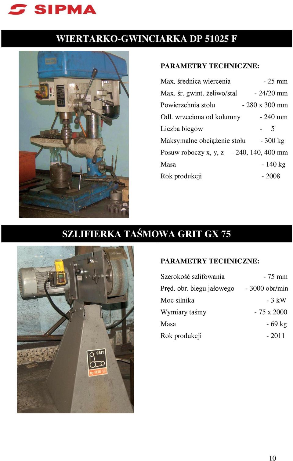 wrzeciona od kolumny - 240 mm Liczba biegów - 5 Maksymalne obciążenie stołu - 300 kg Posuw roboczy x, y, z - 240, 140,