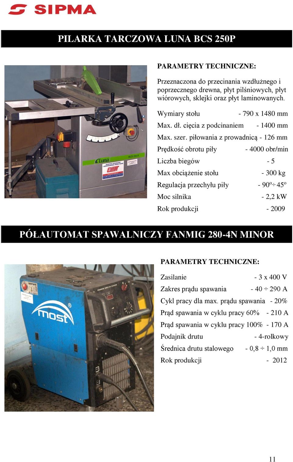 piłowania z prowadnicą - 126 mm Prędkość obrotu piły - 4000 obr/min Liczba biegów - 5 Max obciążenie stołu Regulacja przechyłu piły Moc silnika - 300 kg - 90 o 45 o - 2,2 kw Rok