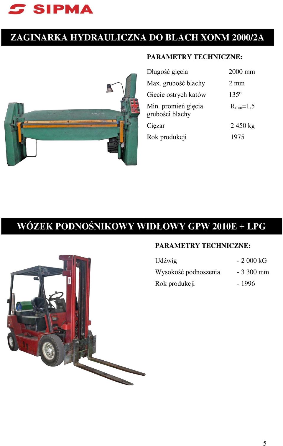 promień gięcia Rmin=1,5 grubości blachy Ciężar 2 450 kg Rok produkcji 1975