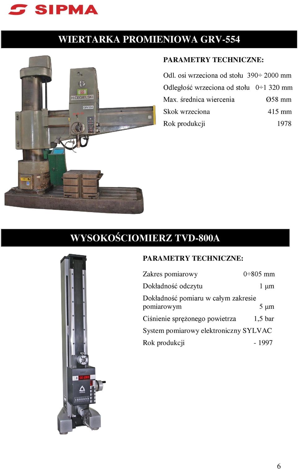 średnica wiercenia Ø58 mm Skok wrzeciona 415 mm Rok produkcji 1978 WYSOKOŚCIOMIERZ TVD-800A Zakres