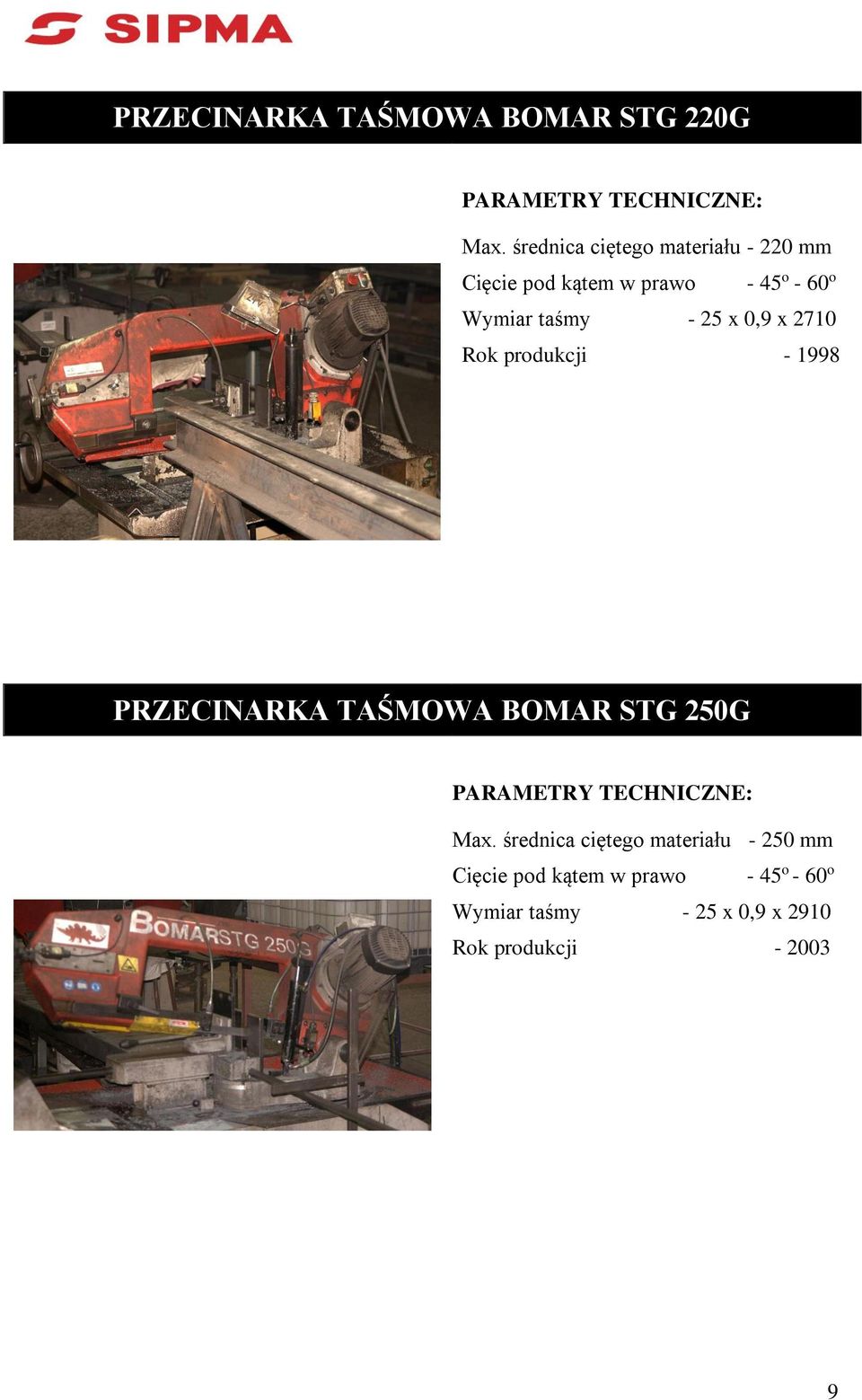 taśmy - 25 x 0,9 x 2710 Rok produkcji - 1998 PRZECINARKA TAŚMOWA BOMAR STG 250G Max.