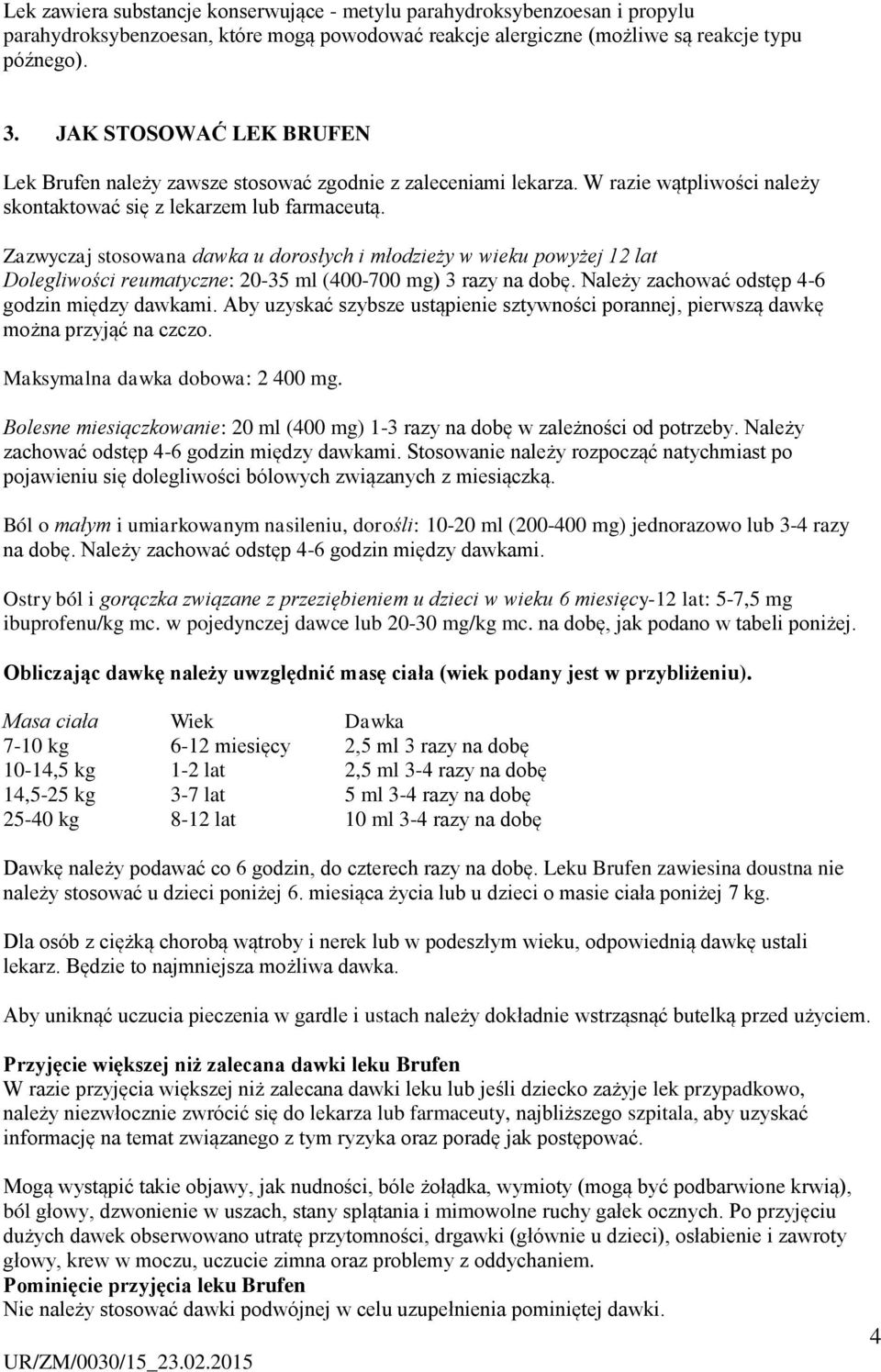 Zazwyczaj stosowana dawka u dorosłych i młodzieży w wieku powyżej 12 lat Dolegliwości reumatyczne: 20-35 ml (400-700 mg) 3 razy na dobę. Należy zachować odstęp 4-6 godzin między dawkami.