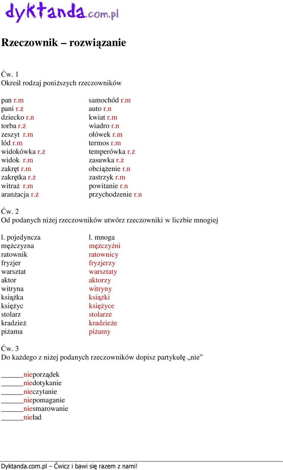 2 Od podanych niżej rzeczowników utwórz rzeczowniki w liczbie mnogiej l. pojedyncza l.