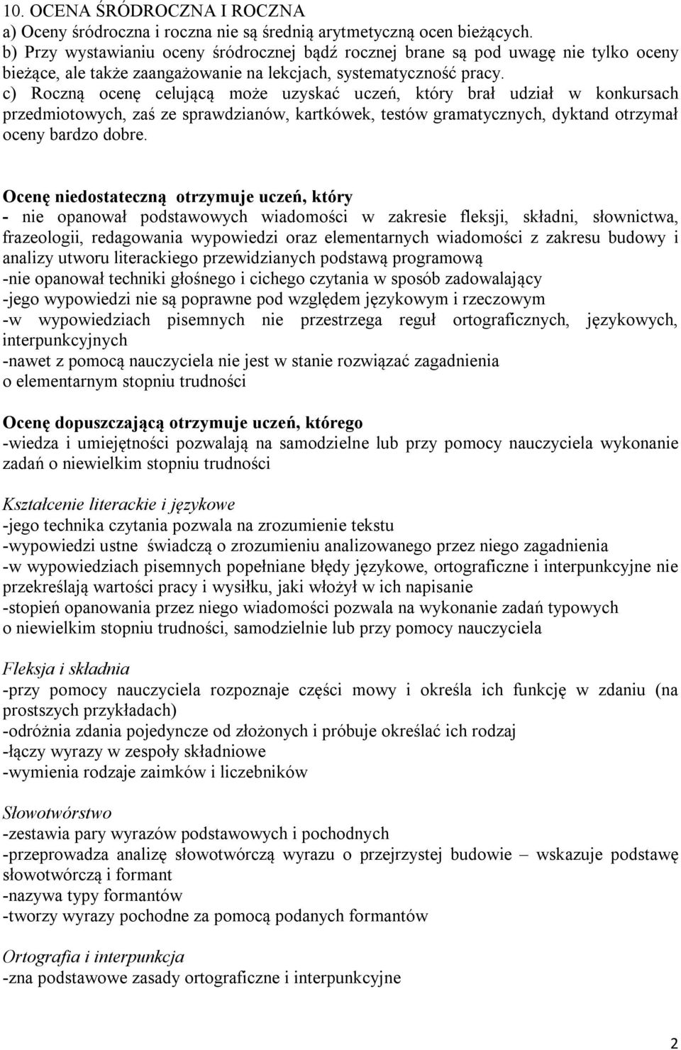 c) Roczną ocenę celującą może uzyskać uczeń, który brał udział w konkursach przedmiotowych, zaś ze sprawdzianów, kartkówek, testów gramatycznych, dyktand otrzymał oceny bardzo dobre.