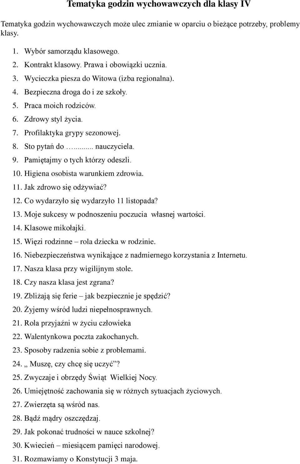 Sto pytań do... nauczyciela. 9. Pamiętajmy o tych którzy odeszli. 10. Higiena osobista warunkiem zdrowia. 11. Jak zdrowo się odżywiać? 12. Co wydarzyło się wydarzyło 11 listopada? 13.