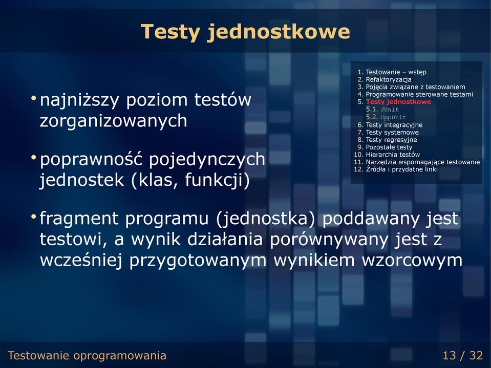 Testy systemowe 8. Testy regresyjne 9. Pozostałe testy 10. Hierarchia testów 11. Narzędzia wspomagające testowanie 12.