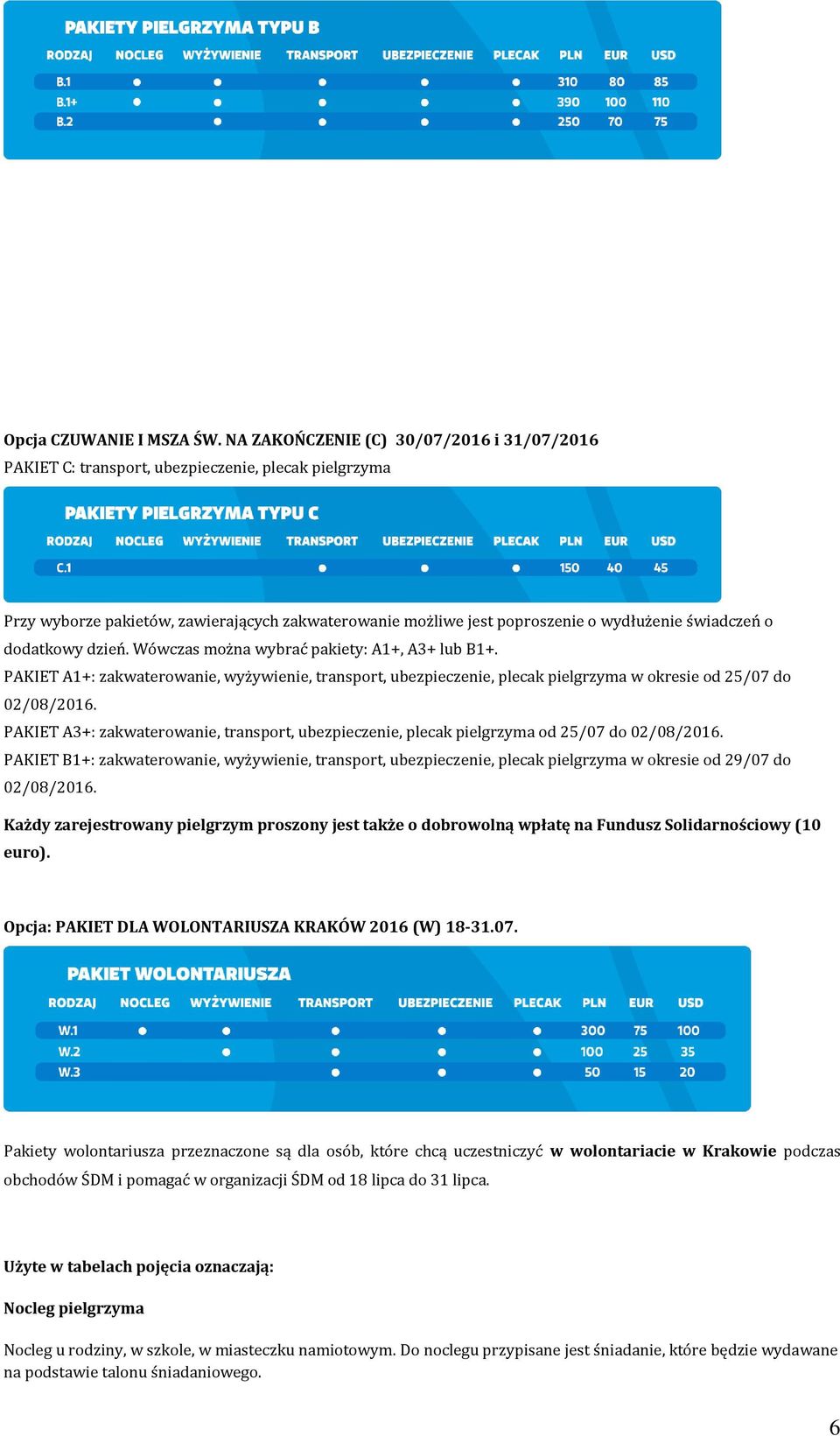 dodatkowy dzień. Wówczas można wybrać pakiety: A1+, A3+ lub B1+. PAKIET A1+: zakwaterowanie, wyżywienie, transport, ubezpieczenie, plecak pielgrzyma w okresie od 25/07 do 02/08/2016.