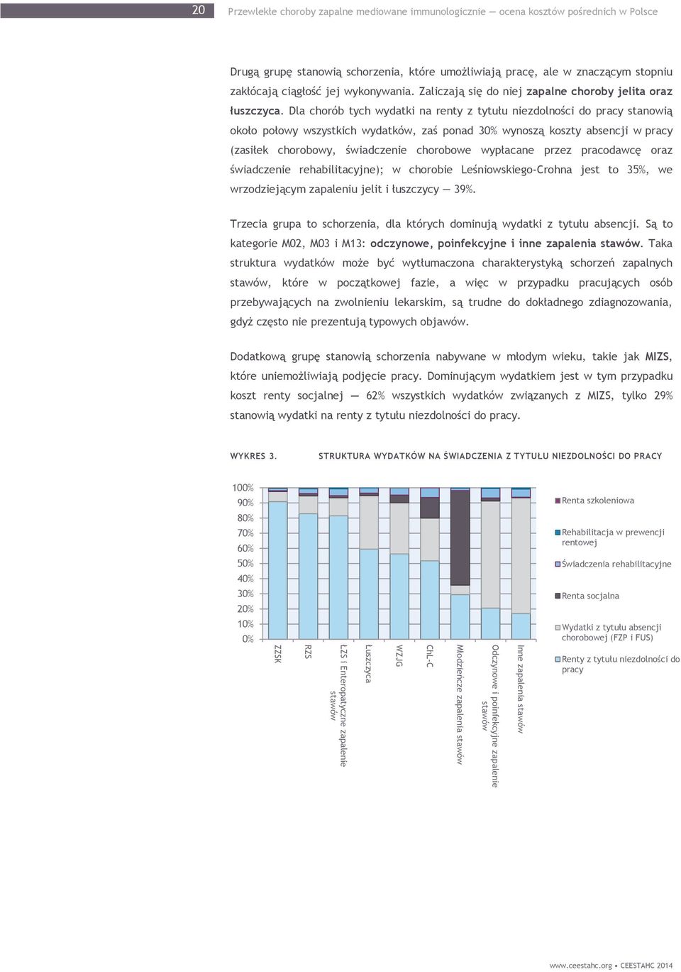 Dla chorób tych wydatki na renty z tytułu niezdolności do pracy stanowią około połowy wszystkich wydatków, zaś ponad 30% wynoszą koszty absencji w pracy (zasiłek chorobowy, świadczenie chorobowe