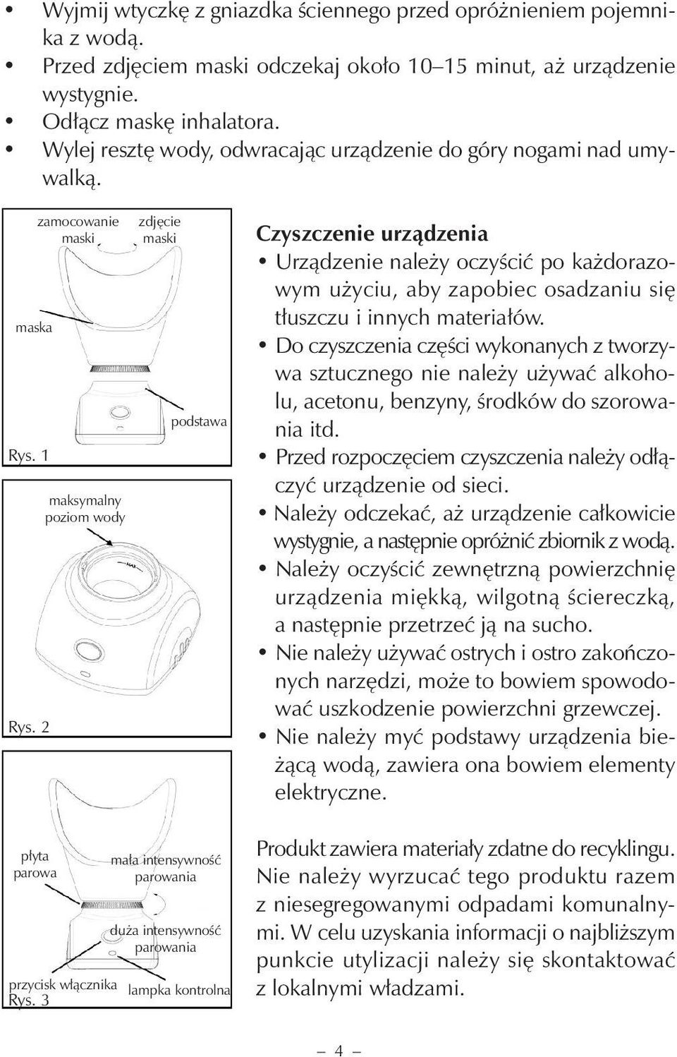 2 płyta parowa zamocowanie maski maksymalny poziom wody zdjęcie maski podstawa mała intensywność parowania duża intensywność parowania przycisk włącznika lampka kontrolna Rys.