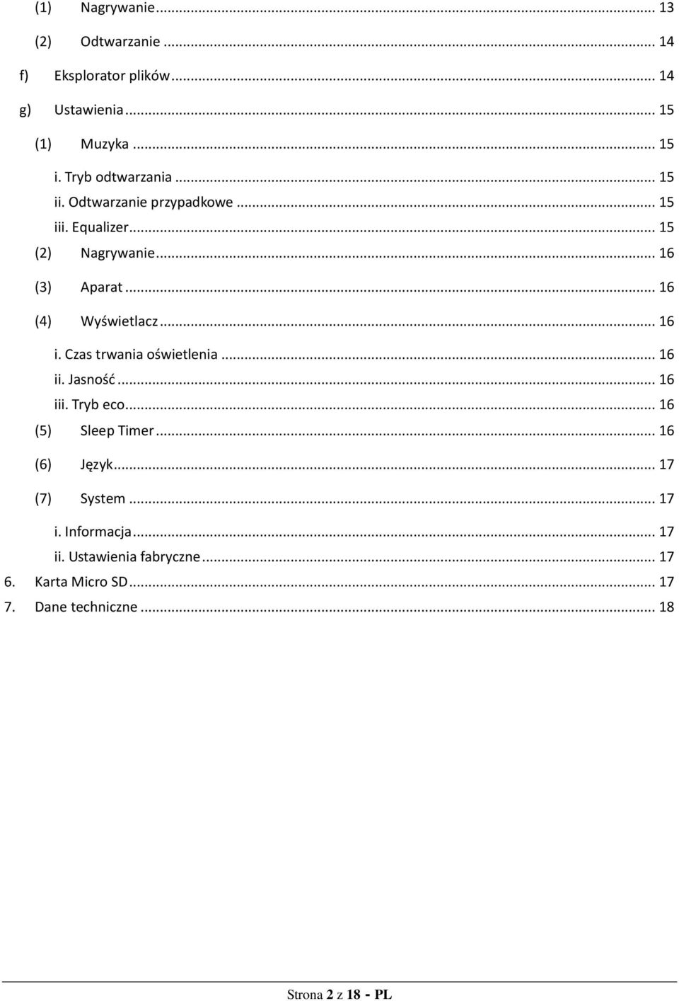.. 16 (4) Wyświetlacz... 16 i. Czas trwania oświetlenia... 16 ii. Jasność... 16 iii. Tryb eco... 16 (5) Sleep Timer.