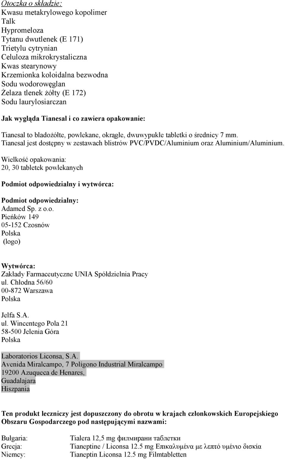 Tianesal jest dostępny w zestawach blistrów PVC/PVDC/Aluminium oraz Aluminium/Aluminium.