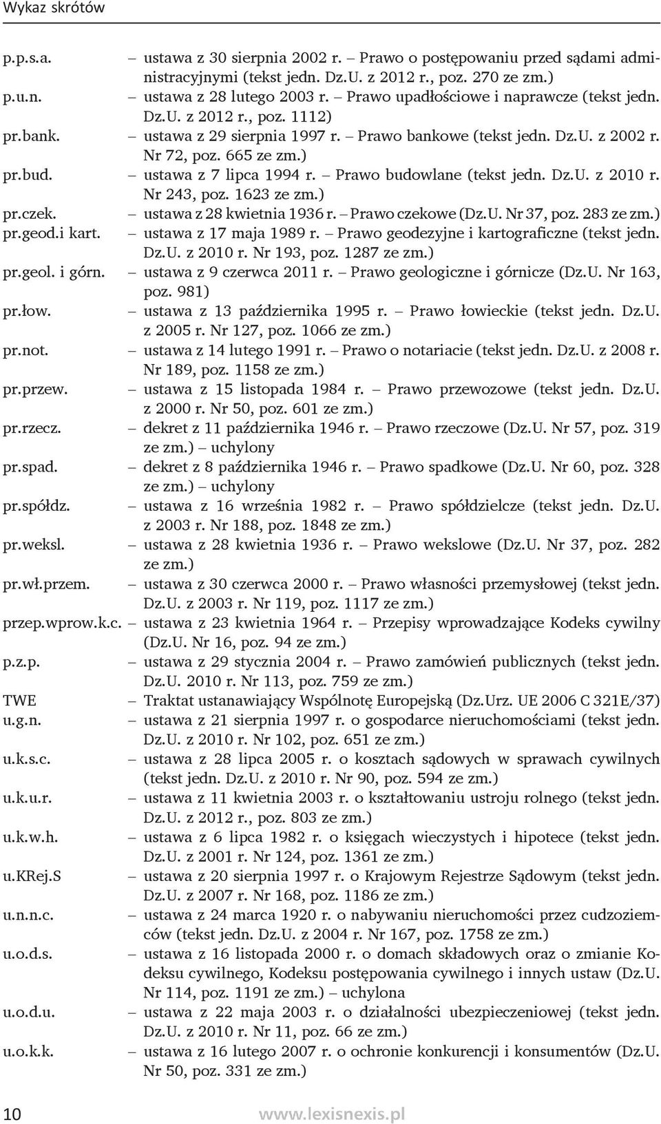 ustawa z 7 lipca 1994 r. Prawo budowlane (tekst jedn. Dz.U. z 2010 r. Nr 243, poz. 1623 ze zm.) pr.czek. ustawa z 28 kwietnia 1936 r. Prawo czekowe (Dz.U. Nr 37, poz. 283 ze zm.) pr.geod.i kart.