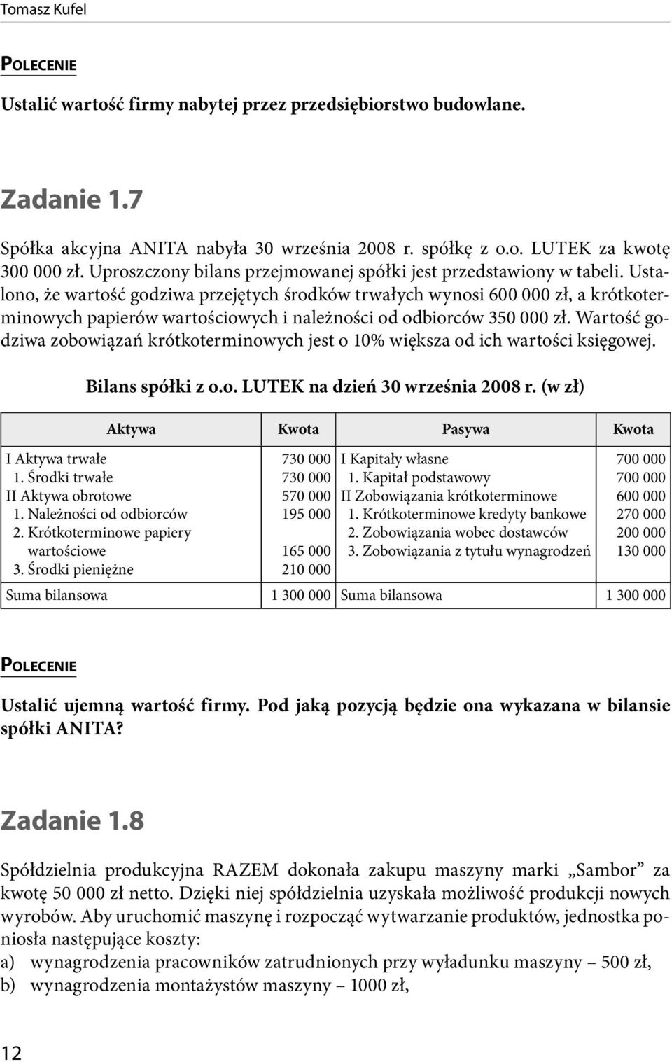 Ustalono, że wartość godziwa przejętych środków trwałych wynosi 600 000 zł, a krótkoterminowych papierów wartościowych i należności od odbiorców 350 000 zł.