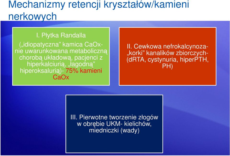 pacjenci z hiperkalciurią, łagodną hiperoksalurią)- 75% kamieni CaOx II.