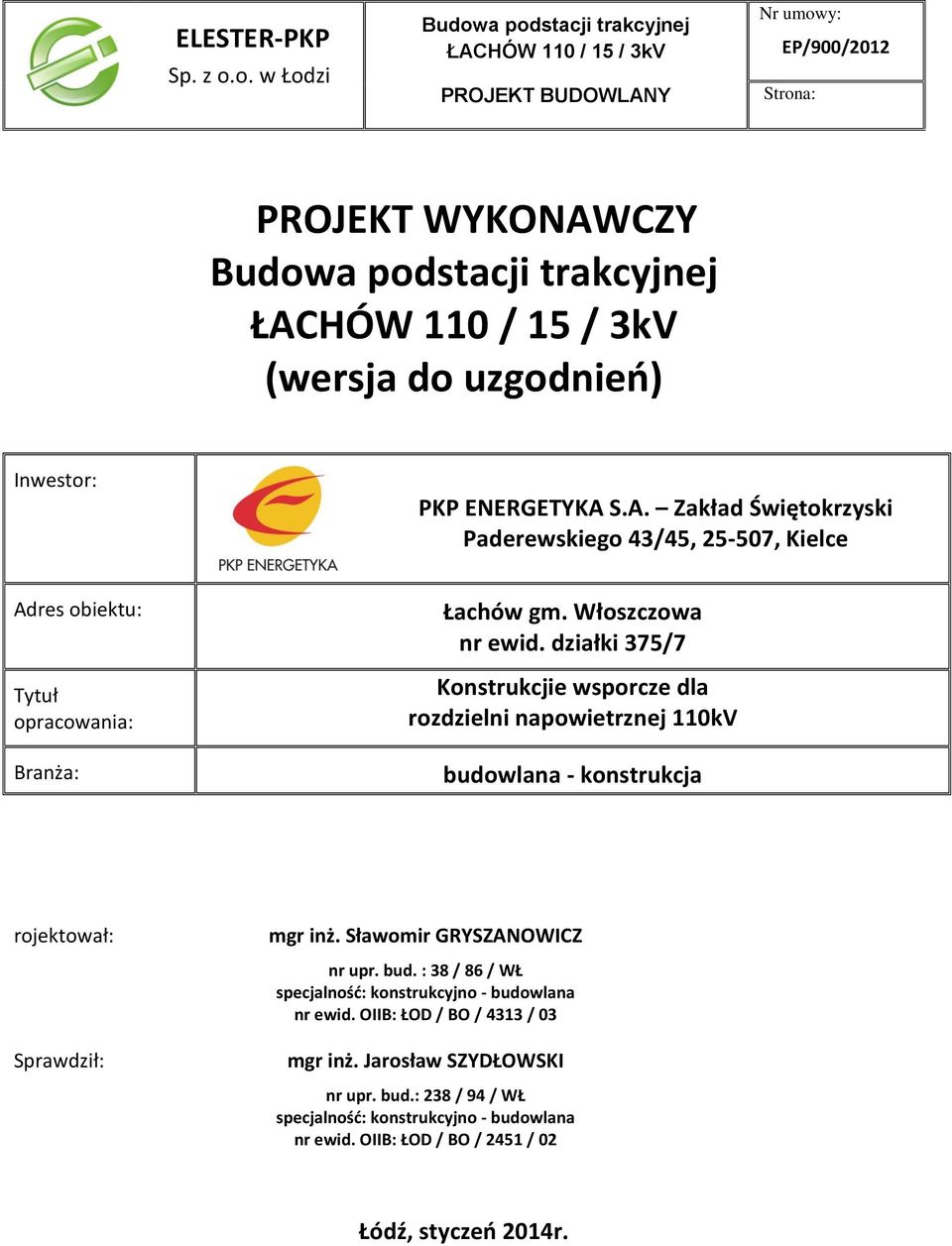 uzgodnień) Inwestor: PKP ENERGETYKA S.A. Zakład Świętokrzyski Paderewskiego 43/45, 25-507, Kielce Adres obiektu: Tytuł opracowania: Branża: Łachów gm. Włoszczowa nr ewid.